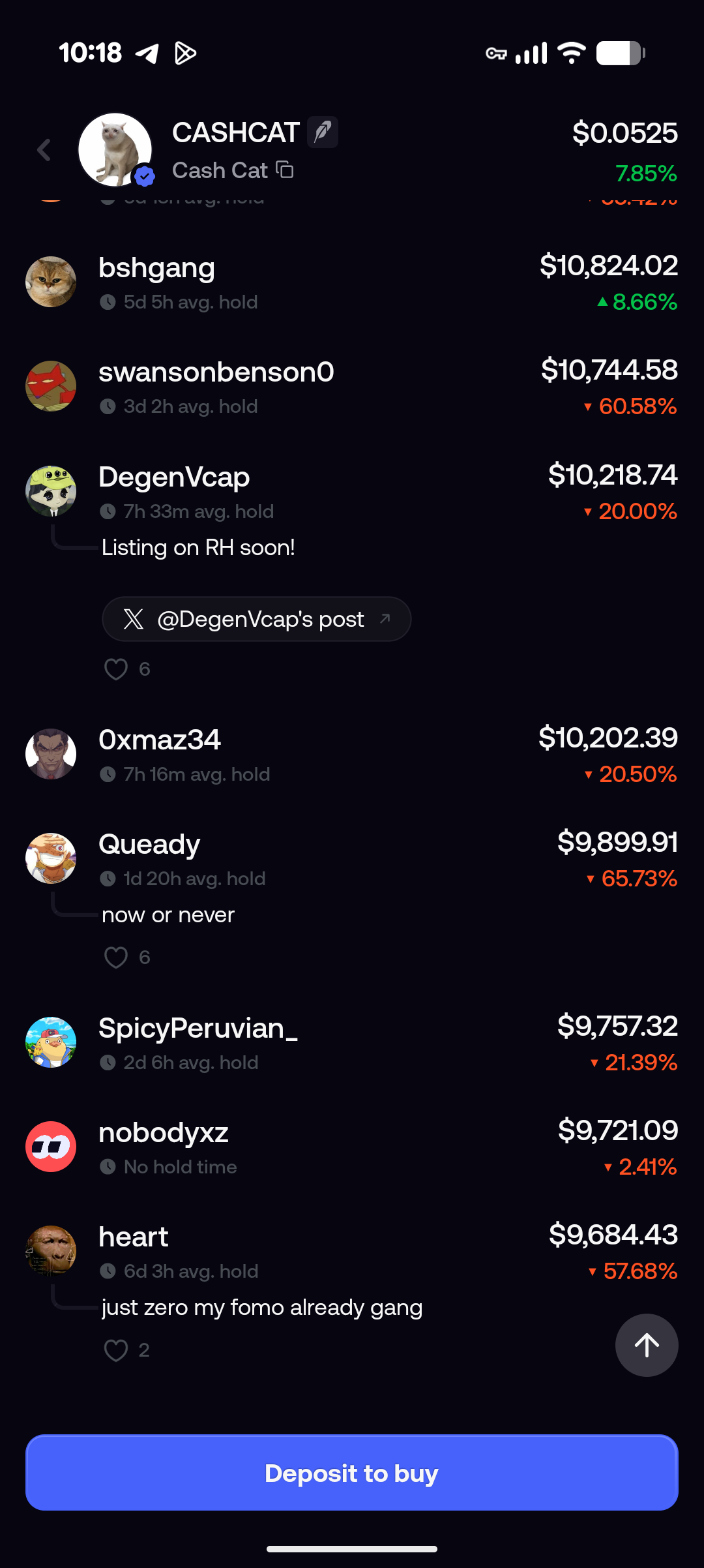 FOMO app leaderboard 10:18 PM — heart: just zero my fomo already gang, DegenVcap: Listing on RH soon!
