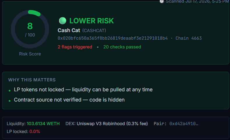 RPD full scan — July 17 5:25 PM — 103.6 WETH — Score 8/100 — 2 flags still triggered